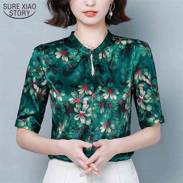 

fashion silk blouse blusas mujer de moda women summer plus size vintage print stand clothes 4xl shirt 8910 50 210506, White