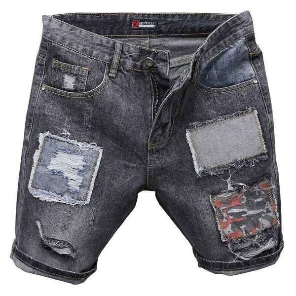 

men's jeans summer straight pants water washed perforated shorts, Blue