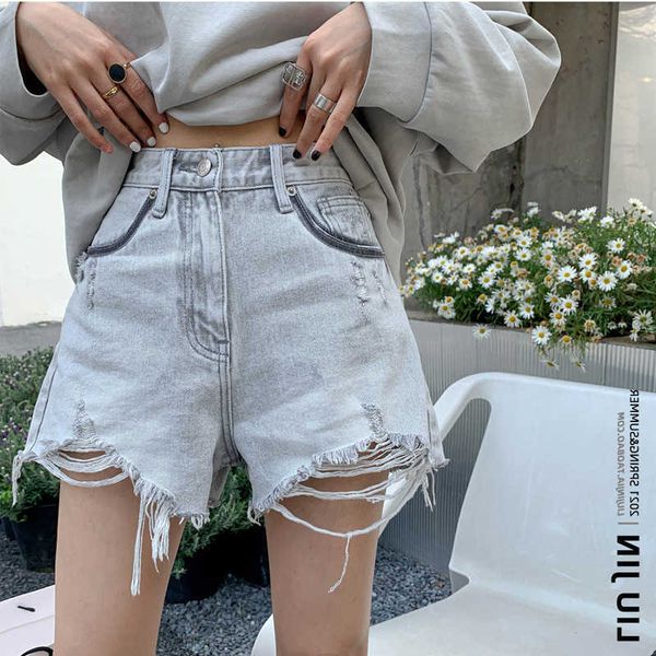 

girl's short jeans with holes women's summer thin loose wide leg wear high waist a-line flash pants, Blue