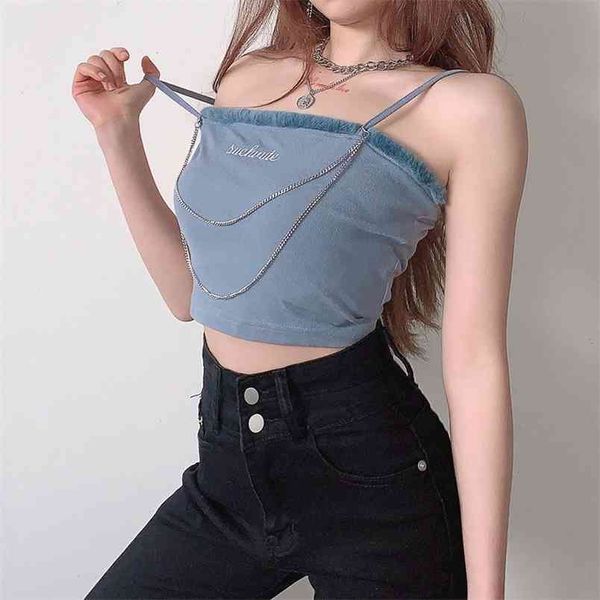 Brief Stickerei Spaghetti Strap Camis Frauen Mit Pelz Sommer Punk Kette Backless Crop Tops Tees Cami Top Streetwear 210510