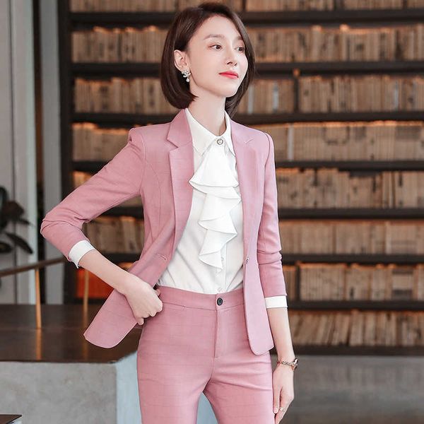 

professional office pants suit two-piece slim plaid ladies jacket casual business wear female blazer work clothes 210527, White;black