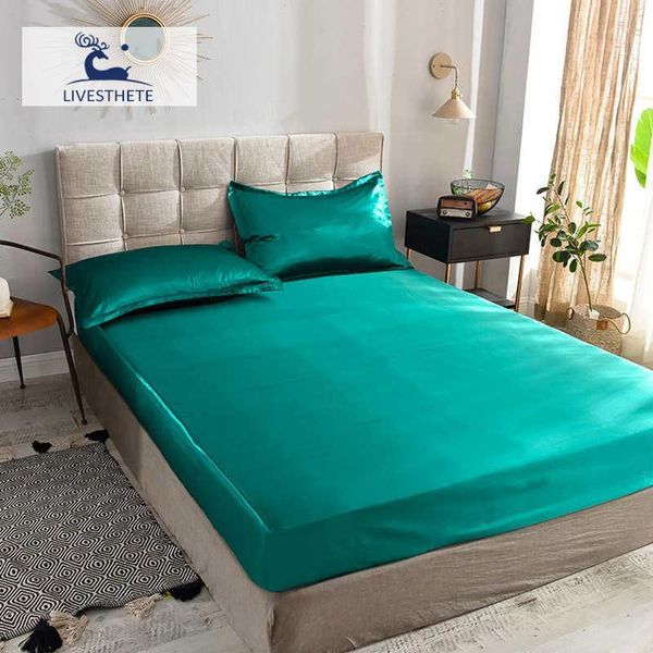 

sheets & sets liv-esthete 1pcs healthy luxury fitted sheet mattress cover green bed on elastic band rubber satin silk