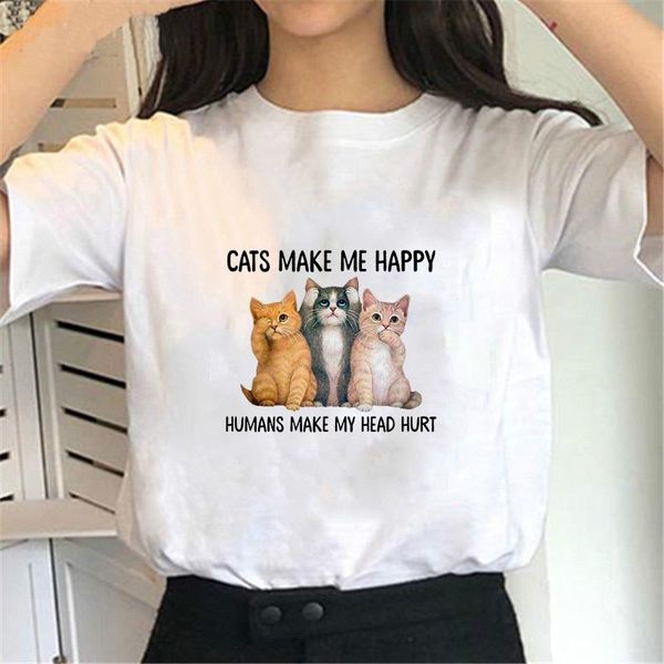 

women's t-shirt cats make me happy cute printed t shirt for women street style white cotton harajuku vintage short sleeve graphic funny