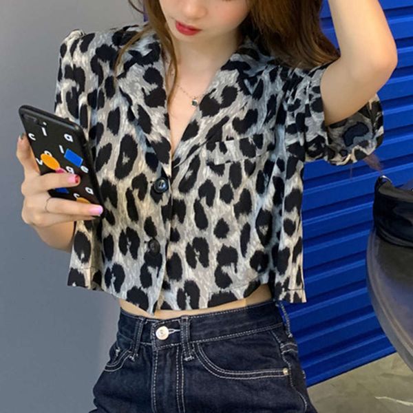 

women's blouses & summer leopard crop women korean shoulder elegant short shirts female autumn fashion lady single-breasted ezo0, White