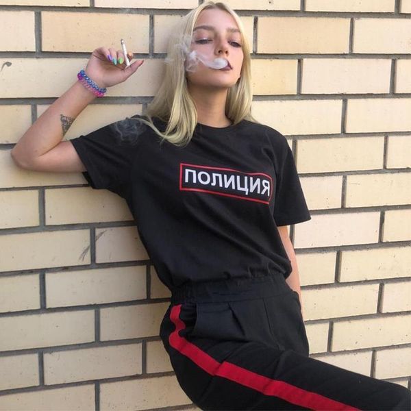 

the police russian inscription womens t shirt printed tee summer harajuku short sleeve o neck loose vintage top, White