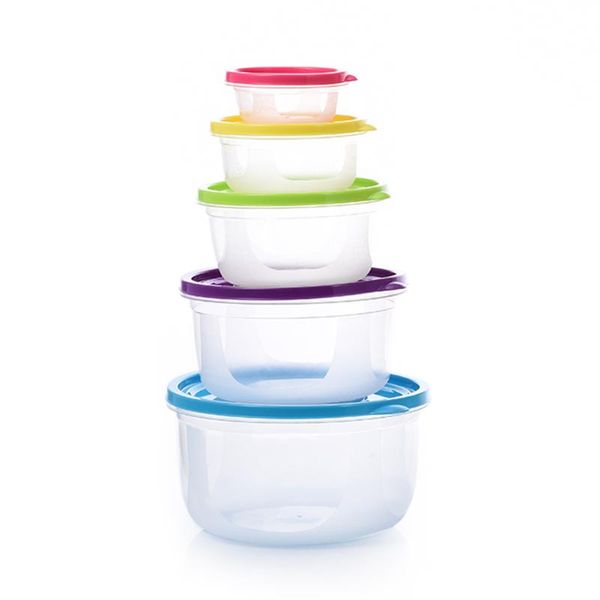 

5pcs rainbow round fresh-keeping box plastic container kitchen refrigerator transparent storage bottles & jars
