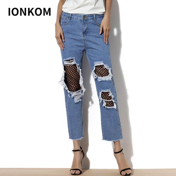

women's jeans ionkom blue weekend casual ripped frayed mid waist straight leg solid pants zipper summer women going out denim trousers