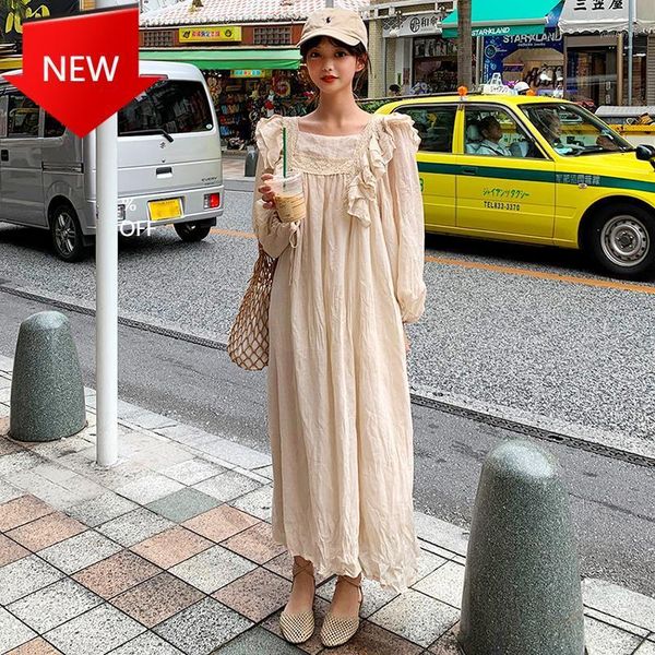 

casual dresses stitching ruffled dress long puff sleeve ankle-length vintage korean 2021 spring loose square lace, Black;gray