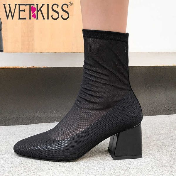 

wetkiss stretch mesh boots women sock boot party shoes female high heels thick shoes ladies square toe shoes autumn 210630, Black