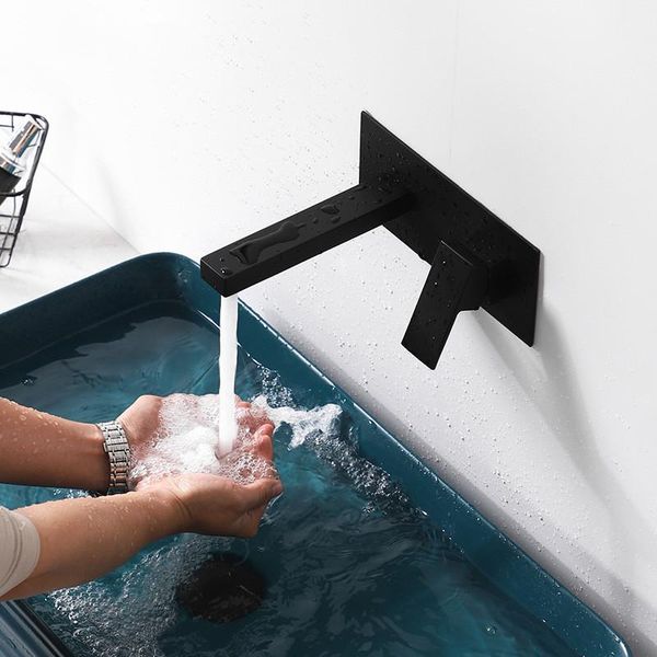 

matte black square bathroom wall mounted basin faucet brass sink mixer tap with embedded box faucets