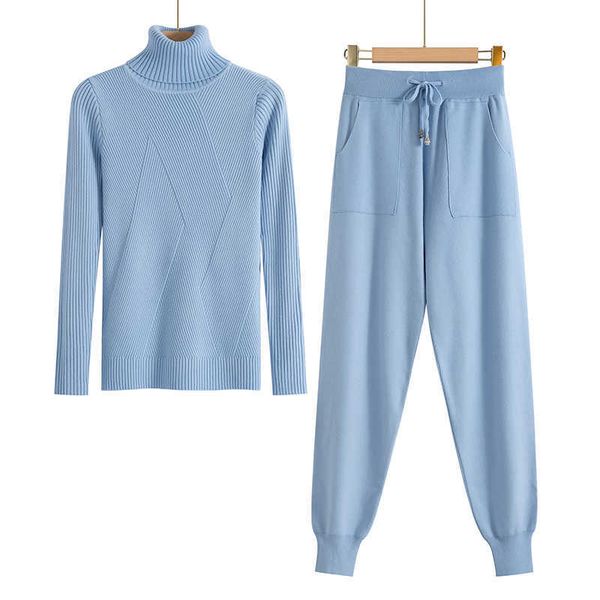 

gigogou women knitted tracksuit turtleneck sweater casual suit autumn winter 2 piece set knit pants sporting suit femme clothing t200817, White