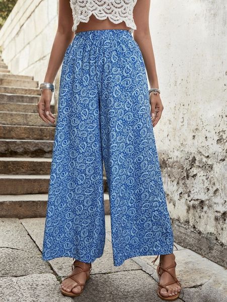 

paisley print wide leg pants s771#, Black;white