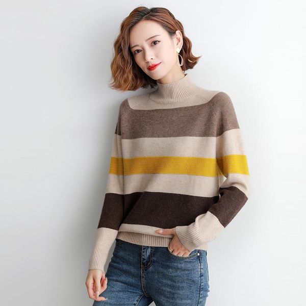 

women's sweaters tuangbiang woman winter striped mock neck casual pullovers 2021 cotton wool sweater long sleeve beige warm ladies knit, White;black