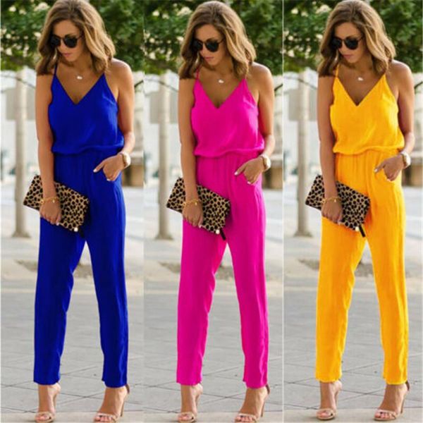 

women's jumpsuits & rompers women bodycon smocked waist solid pocket jumpsuit romper spaghetti strap v-neck club wear ropa mujer verano, Black;white
