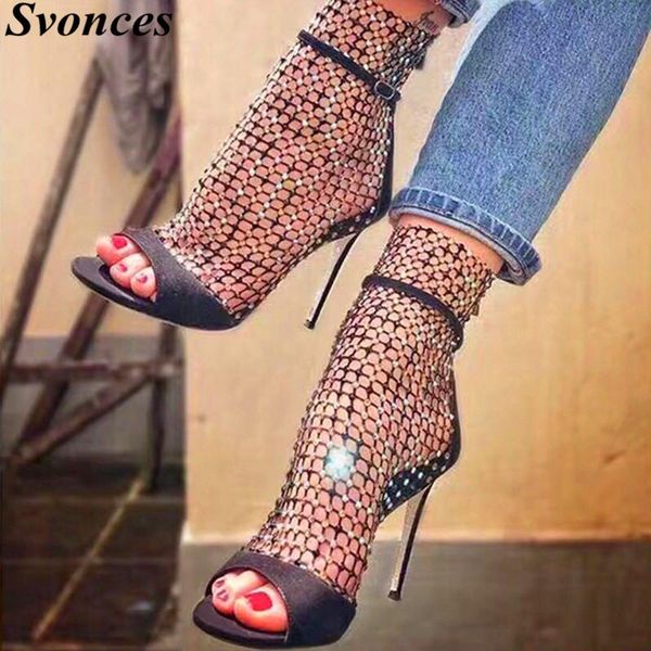

spring summer luxury crystals high heels stiletto sandals hollow out rhinestone wedding shoes gladiator open toe dress, Black