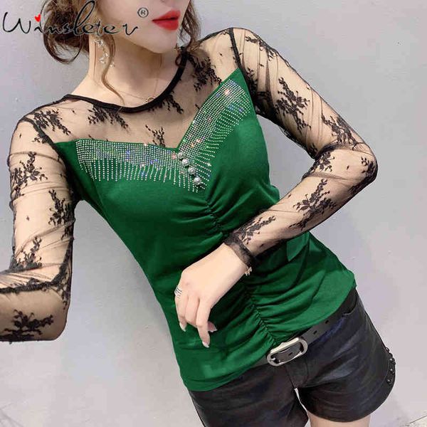 

women's t-shirt spring fall european clothes women chic patchwork lace shiny diamonds ropa mujer back cotton tees t00004, White