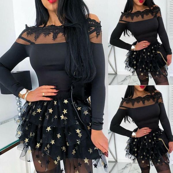 

women's see through sheer mesh blouse casual off shoulder slash neck long sleeve slim fit black blouses & shirts, White