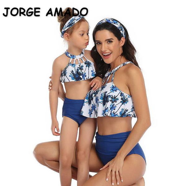 

summer family matching swimsuit 2-pcs sets sling bikini+high waist swimming trunks mother daughter clothes e2005 210610, Blue