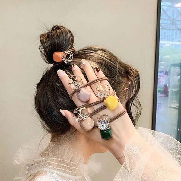 

hairpin net red ins girl rope korean candy color square headband zircon circle rubber band hair accessories, Golden;silver