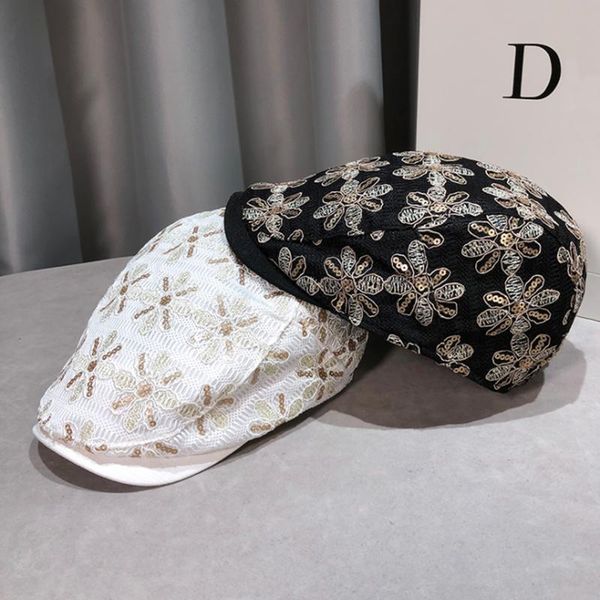 

berets lace hats for women summer breathable sequins visor caps simple fashion flower painter hat, Blue;gray