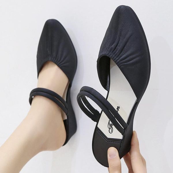 

dress shoes korean pleated cover toe jelly woman wedges med high heels sandals pointed gladiator sandalias 2-ways wear flip flops, Black