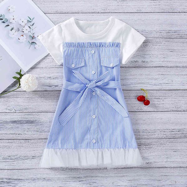 

girls' dress summer casual striped stitching mesh gauze waist children's 2-6 years baby girl clothes 210515, Red;yellow