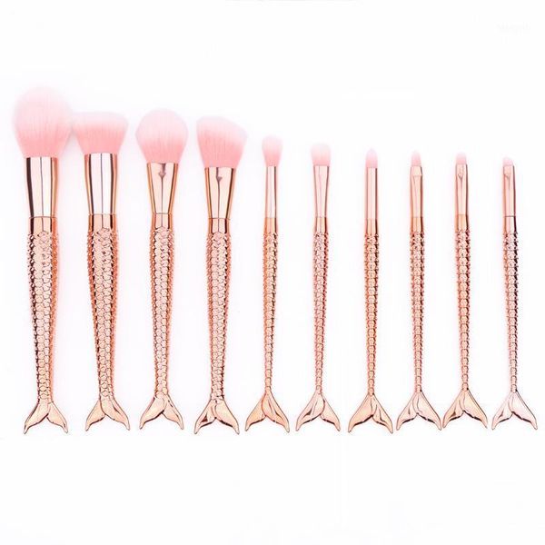 

10pcs diamond rose gold makeup brushes set mermaid fishtail shaped foundation powder make up tools1