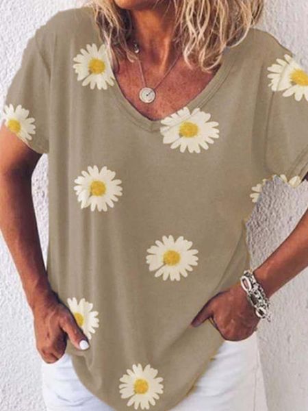 

women's t-shirt daisy v-neck loose casual short sleeve 5 colors 6 sizes, White