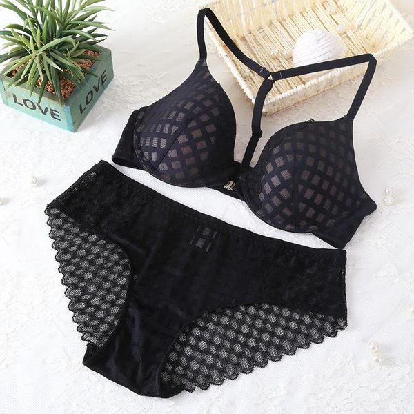 

bras sets female lace front buckle thin section bra set europe underwear beauty back deep v neck under thick suit 11961, Red;black