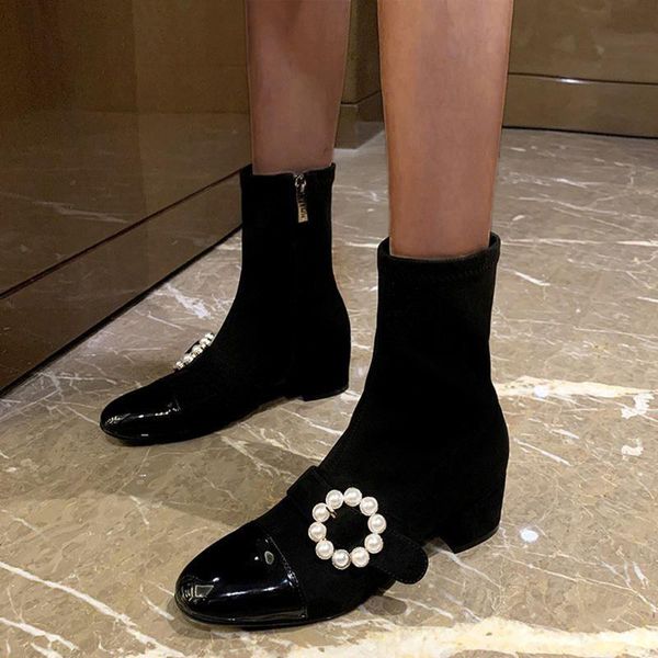 

boots 2021 women's round toe yarn elastic pu splicing ankle square heels shoes woman female socks pearl buckle, Black