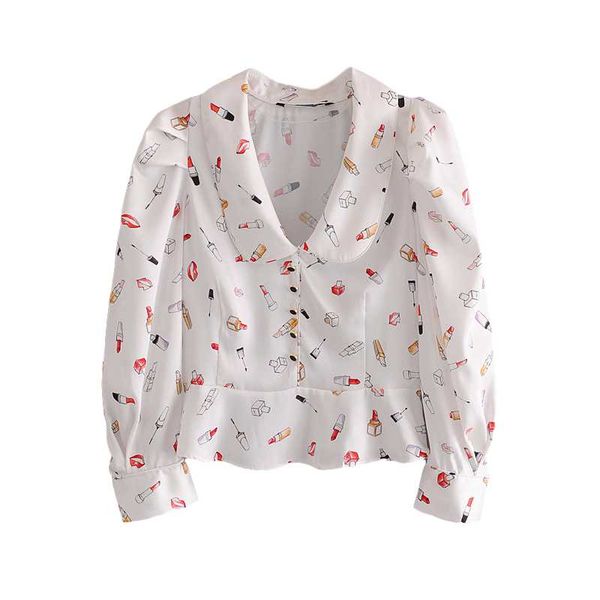 

women's blouses & shirts elegant women satin lipstick print 2021 fashion ladies v-neck ruffles shirt female chic button casual girls, White