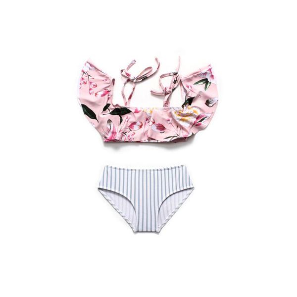 

one-piece suits mother daughter family matching swimsuit boho colored floral off shoulder pleated ruffles crop bikini set vertical strip