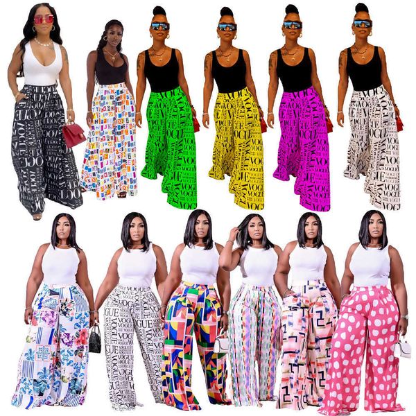 

summer and autumn women pants fashion letter printed wide leg high waist with pockets skirts ladies casual plus size clothing, Black;white