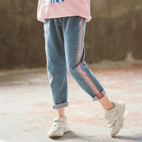 

jeans girls clothing spring kids denim trousers children cowboy pants striped side for 4 7 8 9 10 11 14years, Blue