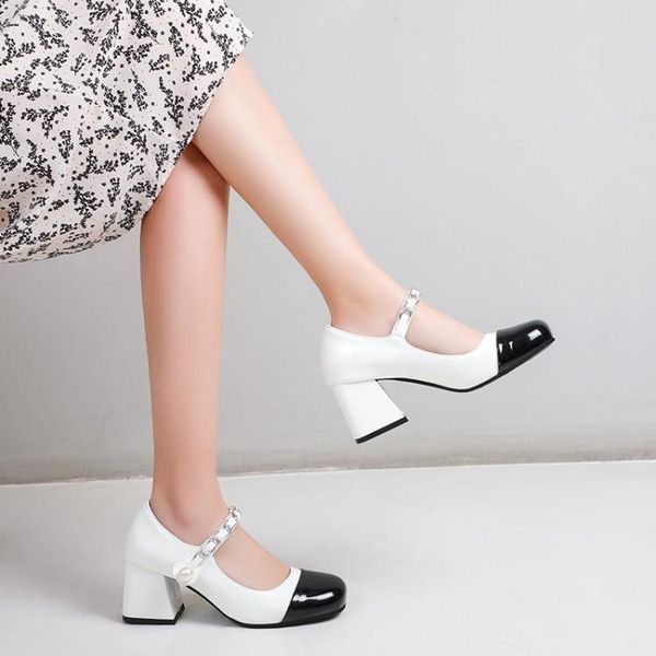 

dress shoes 2021 style square head shallow mouth mary jane color matching in spring and autumn thick heel small fragrance large, Black