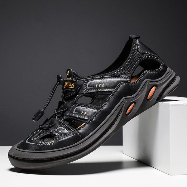 

slippers fashion 2021 men sandals summer casual genuine leather beach sandals flat shoes non slip luxury breathable rubber shoes men ixpo, Black