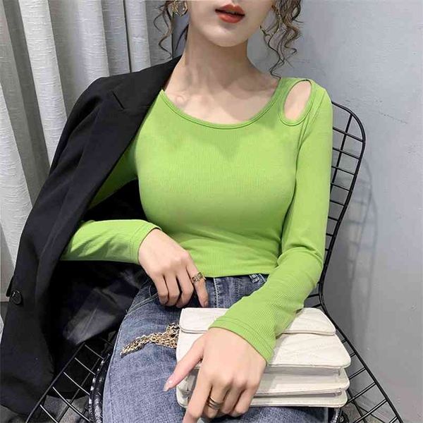 

summer t shirt women long sleeve strappy cold shoulder t-shirt t shirt short o-neck tees feminina camiseta 210507, White