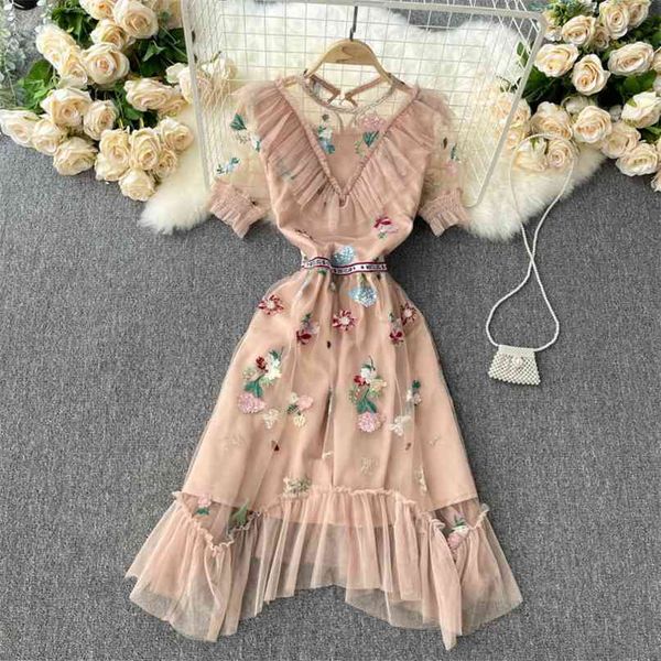 

lady short-sleeved a-line dress women's summer fashion round neck embroidered irregular elegant vintage vestidos s468 210527, Black;gray