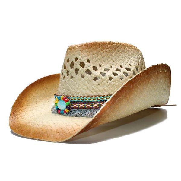 

cloches luckylianji women's men's summer straw beach cowboy western cowgirl fedora hat hollow tassel turquoise leather band (58cm, Blue;gray