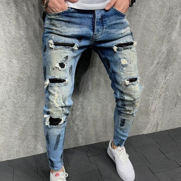 

european and american new self-cultivation holes men's jeans fjn064a footwear paint men jean nice gift give you, Blue