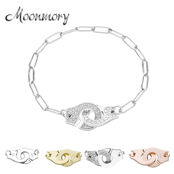 

moonmory 100% authentic 925 sterling silver european chain handcuff menottes hand cuff bracelet for women jewelry, Golden;silver