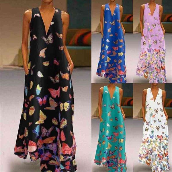 

women casual v neck sleeveless plus size dress loose butterfly print dress maxi, Black;gray
