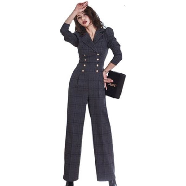 

women's jumpsuits & rompers spring elegant women double breasted plaid ol work wide leg pants casual loose long sleeve h550, Black;white