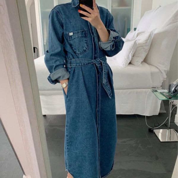 

autumn winter jeans dress women single breasted loose casual dresses denim female vestidos maxi jacket coat, Black;gray
