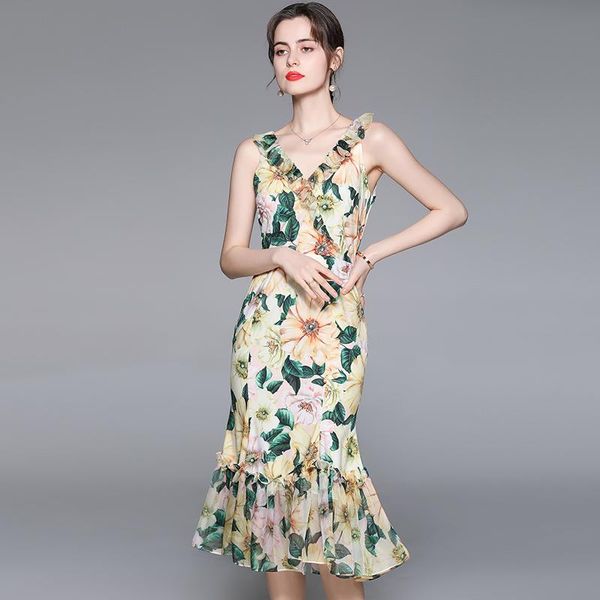 

casual dresses menahem 2021 summer floral holiday dress women elegant sleeveless v-neck ruffles mermaid beach boho slim chiffon midi, Black;gray