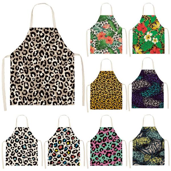 

aprons leopard print flower printed sleeveless kitchen women cotton linen pinafore home cooking baking waist bib 53*65cm wql0155