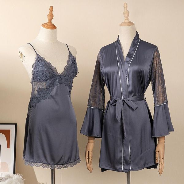 

women's sleepwear lace perspective women robe set satin bride bridesmaid wedding patchwork kimono bathrobe gown lingerie, Black;red