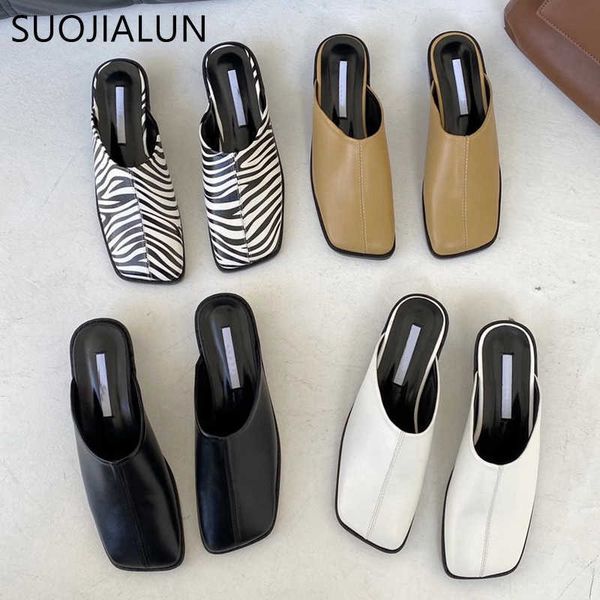 

suojialun brand women slipper square toe slip on mules shoes fashion zebra pattern square low heel ladies slides 210630, Black