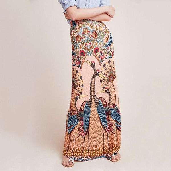 

skirts women's peacock maxi printing boho pencil long low waist tight dropped holiday gothic, Black