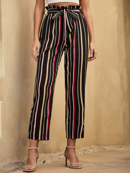 

paper bag waist vertical striped belted straight leg pants r9pf#, Black;white
